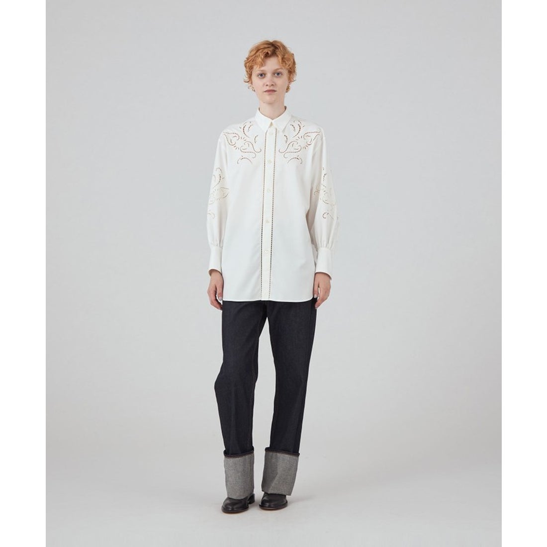 マカフィー MACPHEE レースエンブロイダリー レギュラーカラーシャツ