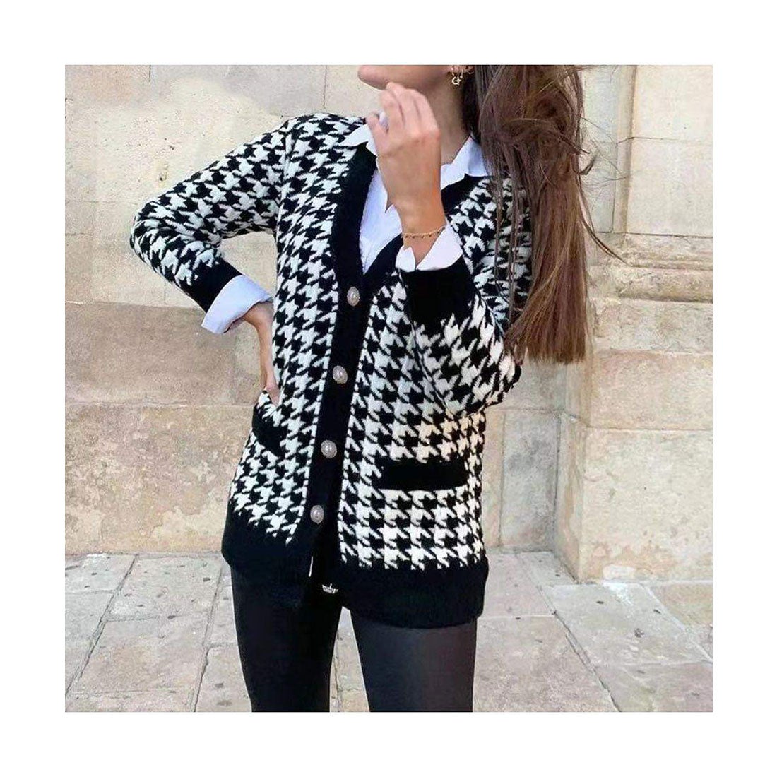 メゾンドラティール maison de LATIR 千鳥格子柄ニットカーディガン