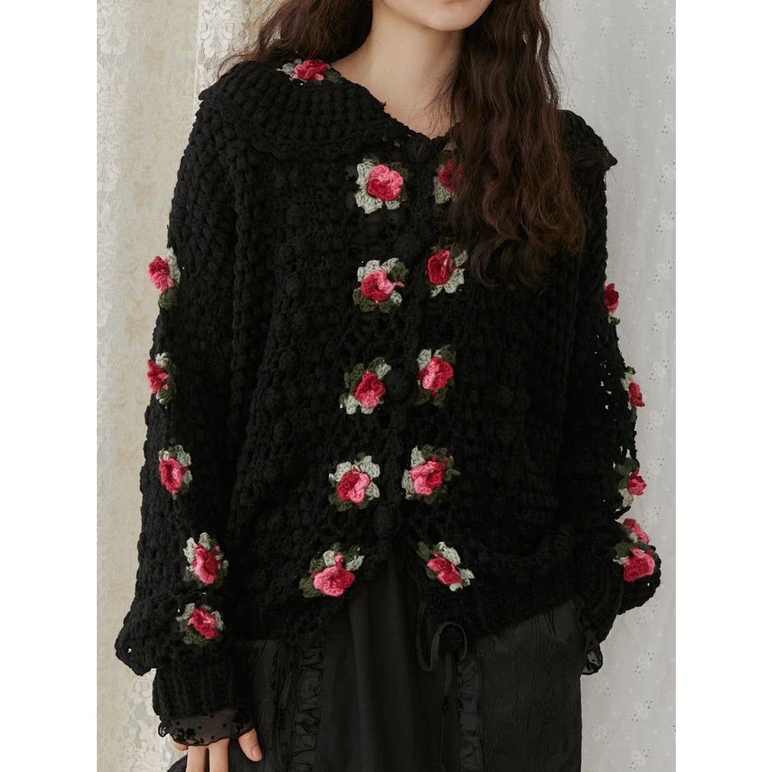 メリージェニー merry jenny クロシェカーディガン （ブラック） -靴