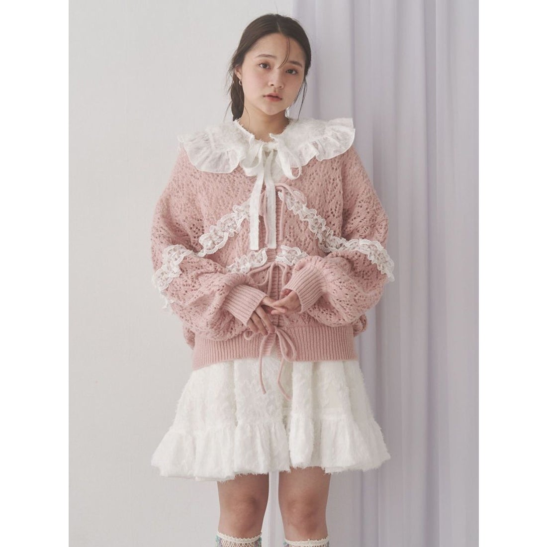 メリージェニー merry jenny 透かし編みフリルニットカーディガン