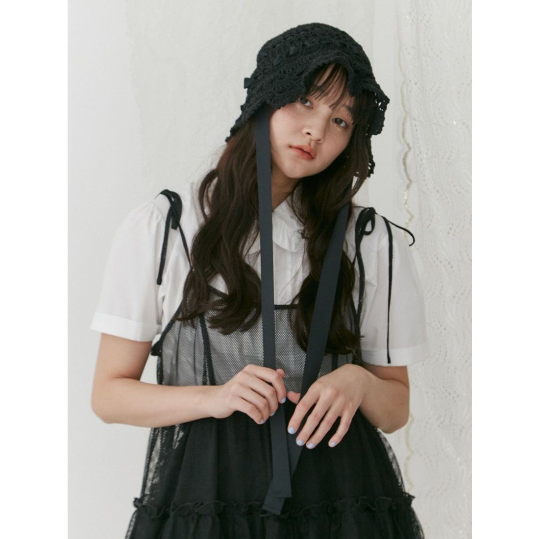 メリージェニー merry jenny 透かし編みフリルハット （ブラック） -靴