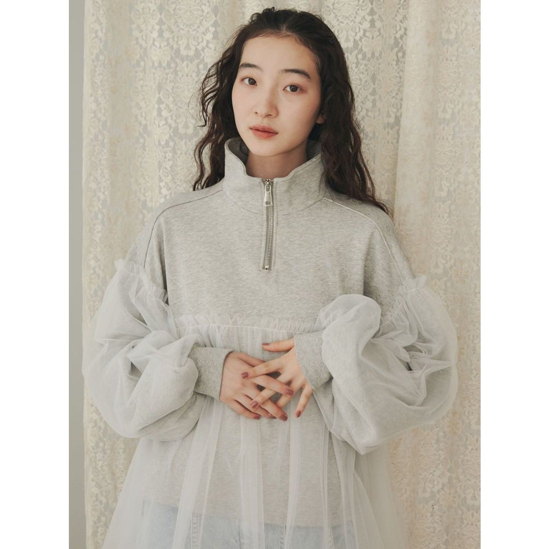 メリージェニー merry jenny チュールハーフZIPスウェット （オフ