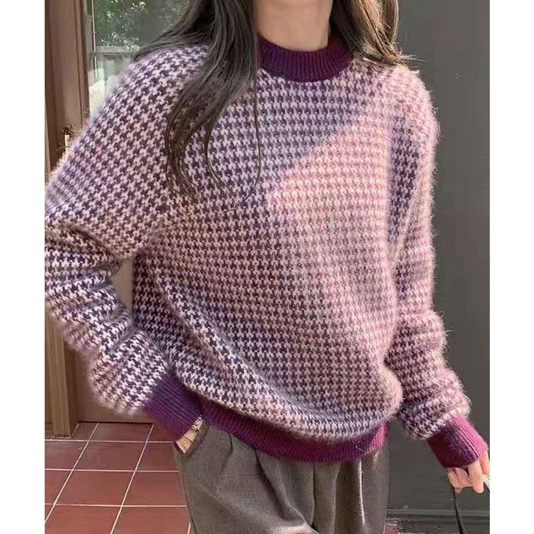 ミージェーン me Jane モヘアライク千鳥柄ニットプルオーバー