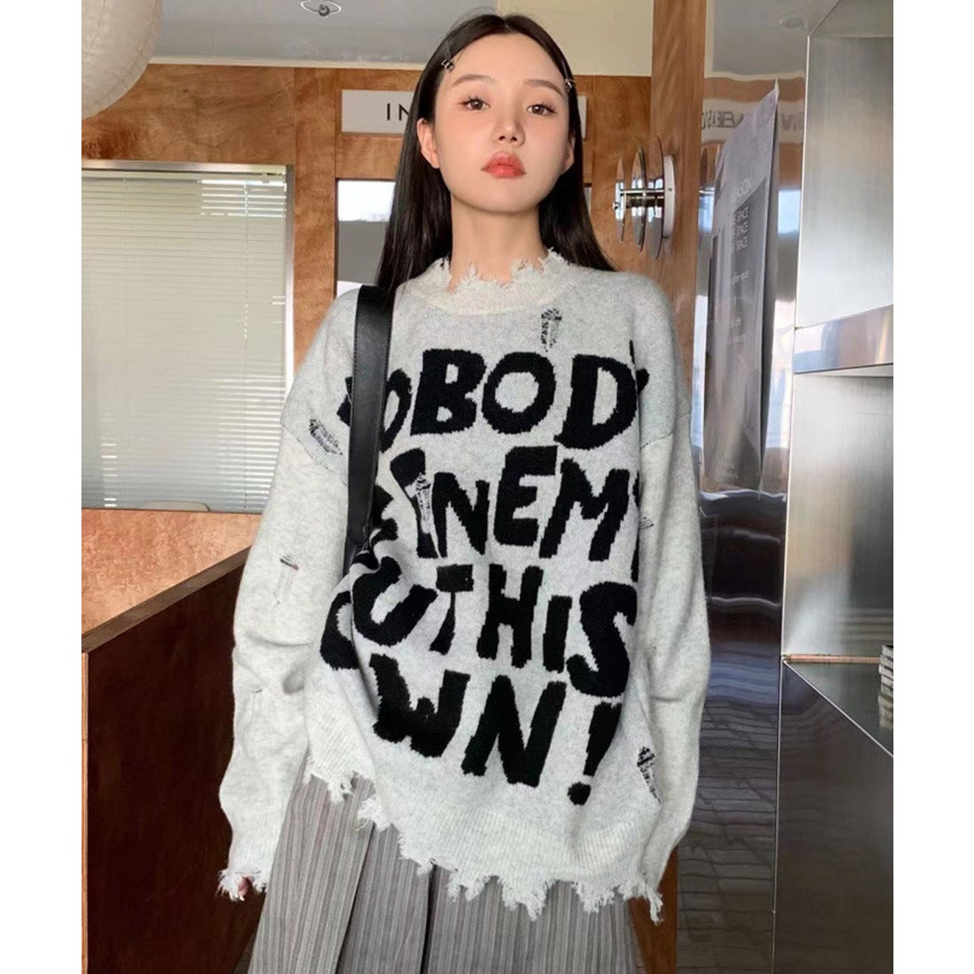 ショップニコニコ ShopNikoNiko レタリング ダメージ加工 ビッグニット