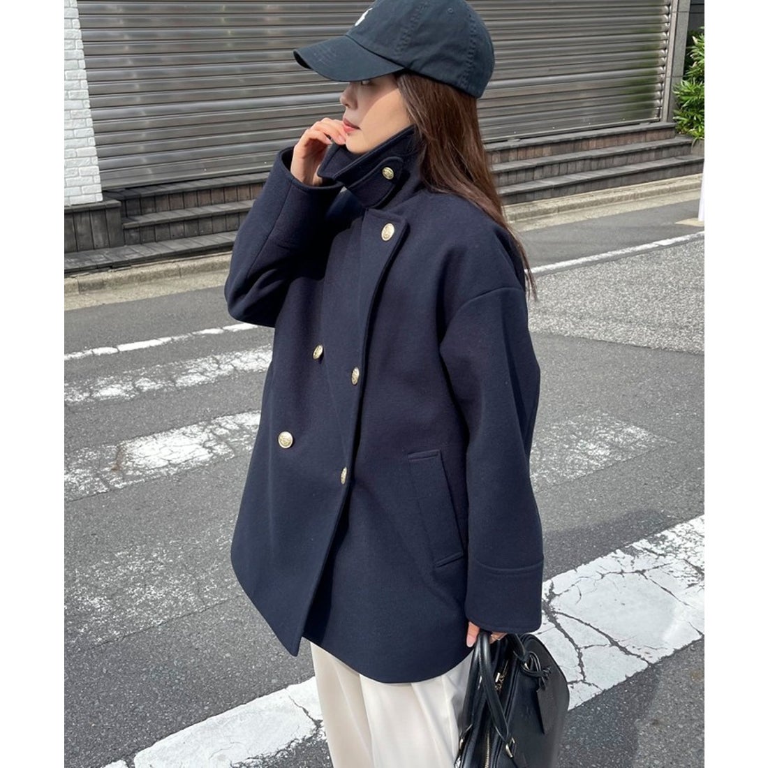 フレディエミュ fredy emue ウール混ミドル丈Pコート （ダークネイビー