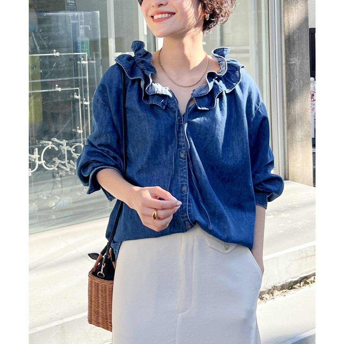 リエミラー Rie Miller 【RM denim】フリルギャザーデニムブラウス