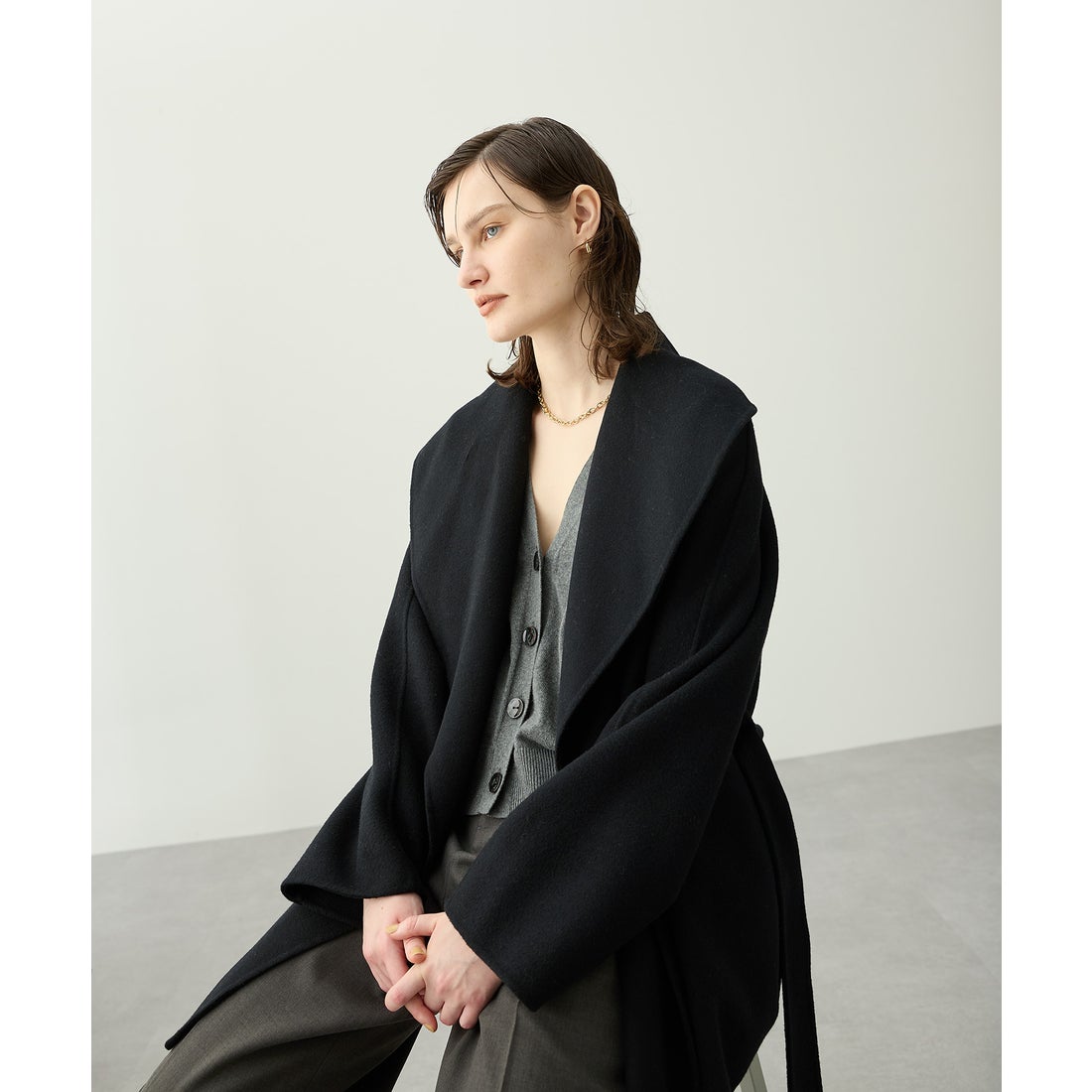 マーレンダム ハーフリバーコート ノーカラー ウール ボアポケット 黒