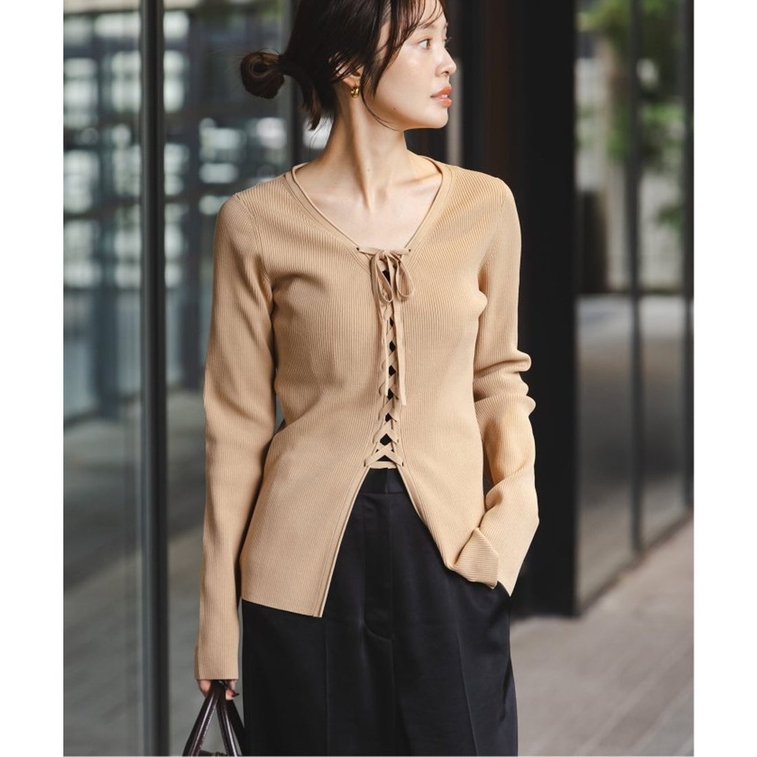 ノーブル NOBLE レースアップリブニット （ブラック） - ファッション