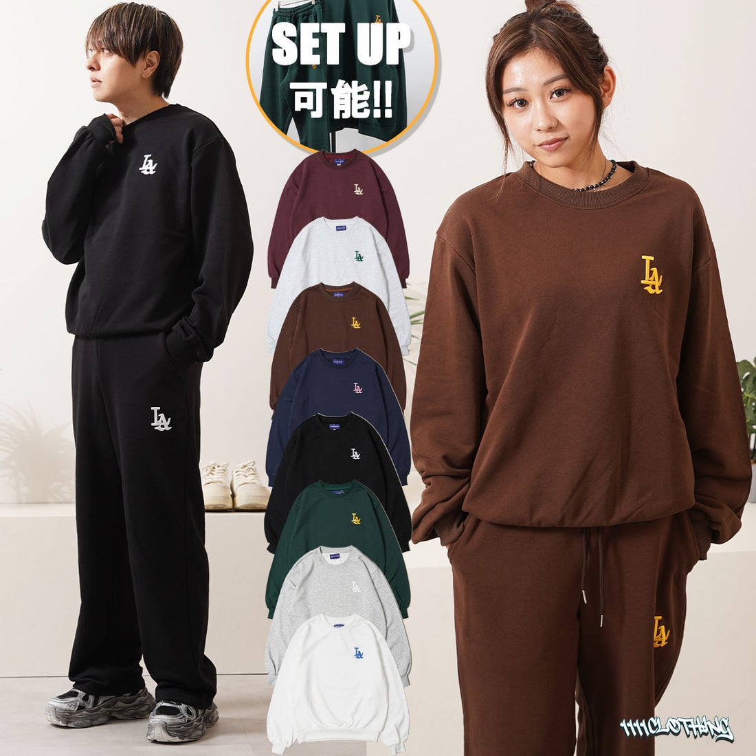 ワンフォークロージング 1111clothing LA ロゴ刺繍 ルーズ スウェット