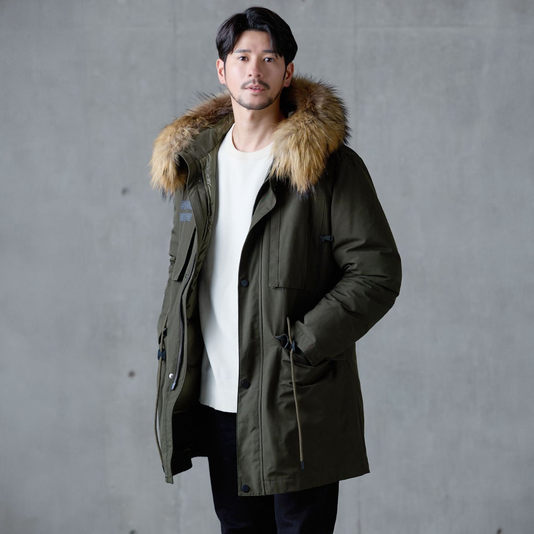 リチウムオム モッズコート ラクーンファー サイズ46 カーキ オリーブ