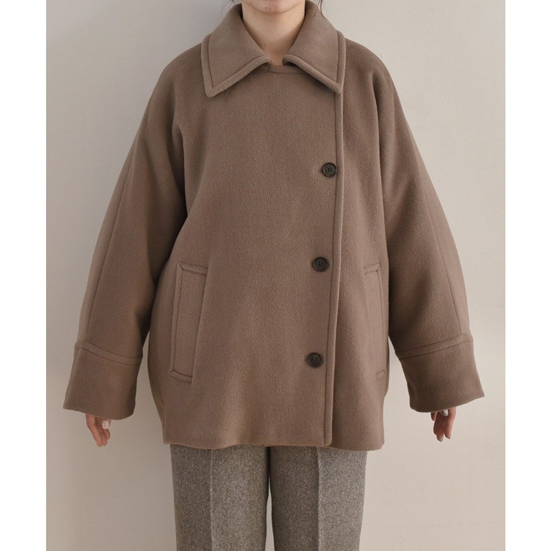 quaranciel: ウール ステンカラー コクーン ミドル コート （ブラック