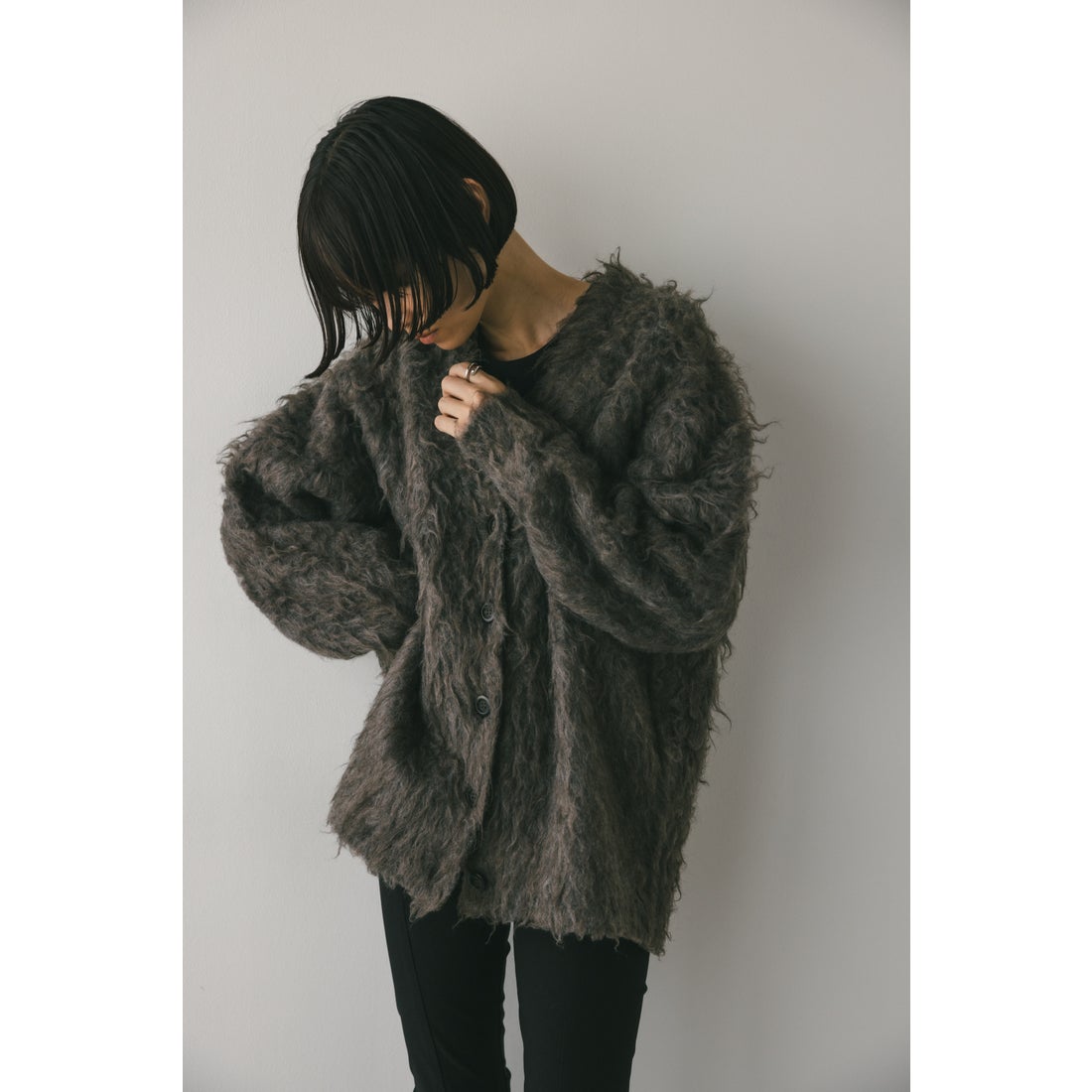 STYLEMIXER ヘアリーカールニットカーデ GRY -ファッション通販