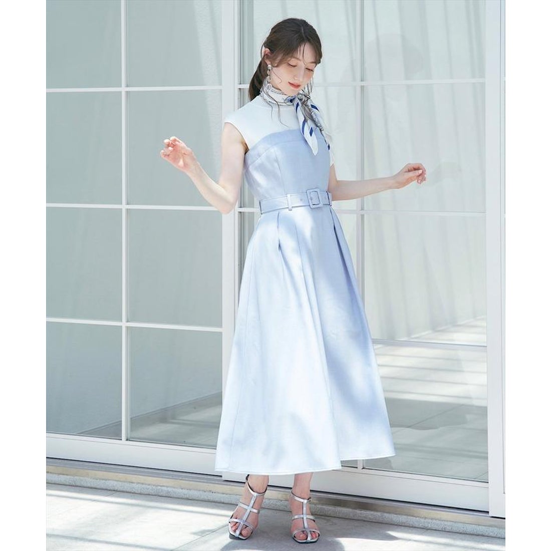 スウィングル SWINGLE スカーフ付きニットドッキング切替ワンピース