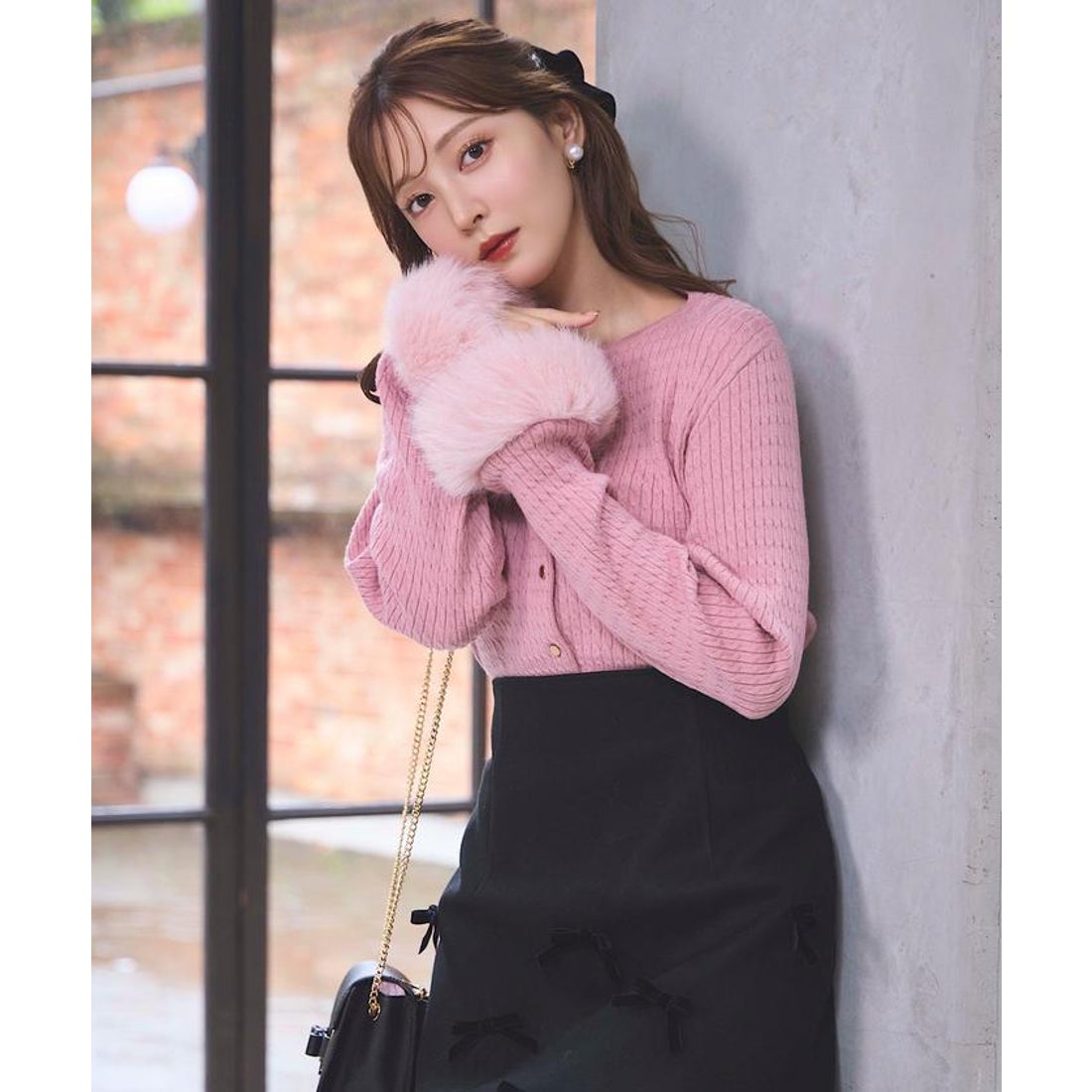 スウィングル SWINGLE 袖ファーミニケーブルカーディガン （ピンク