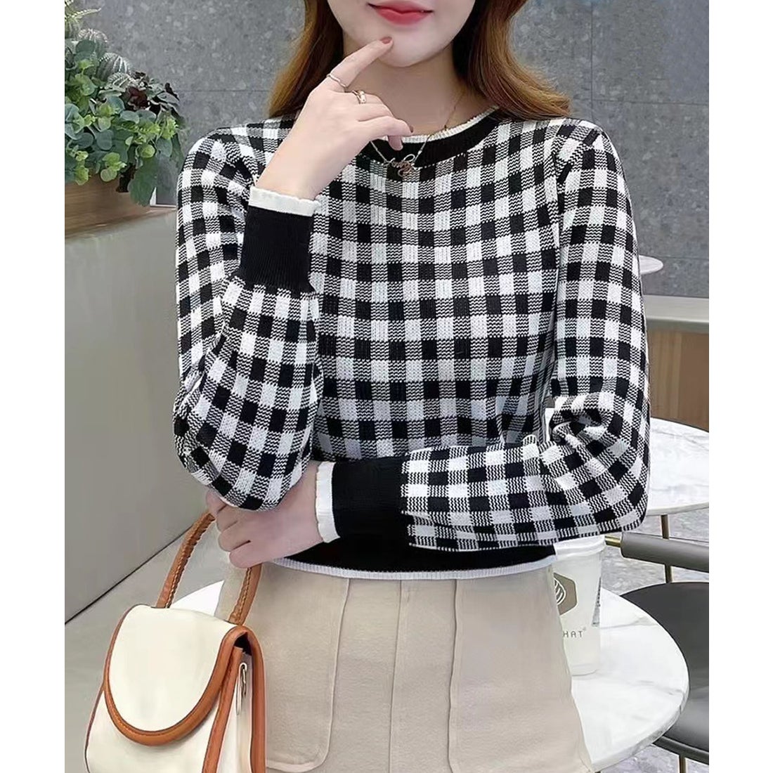 プリマゼル Primazel ギンガムチェックニットトップス （レッド