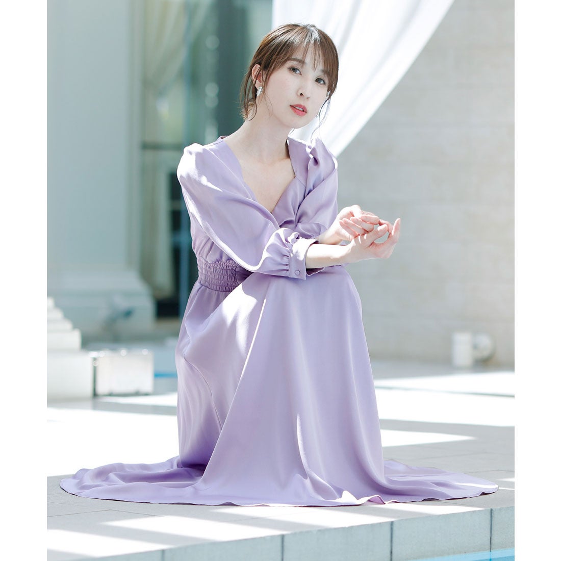 プールヴー PourVous 袖あり&ロングパーティードレスハイウエスト