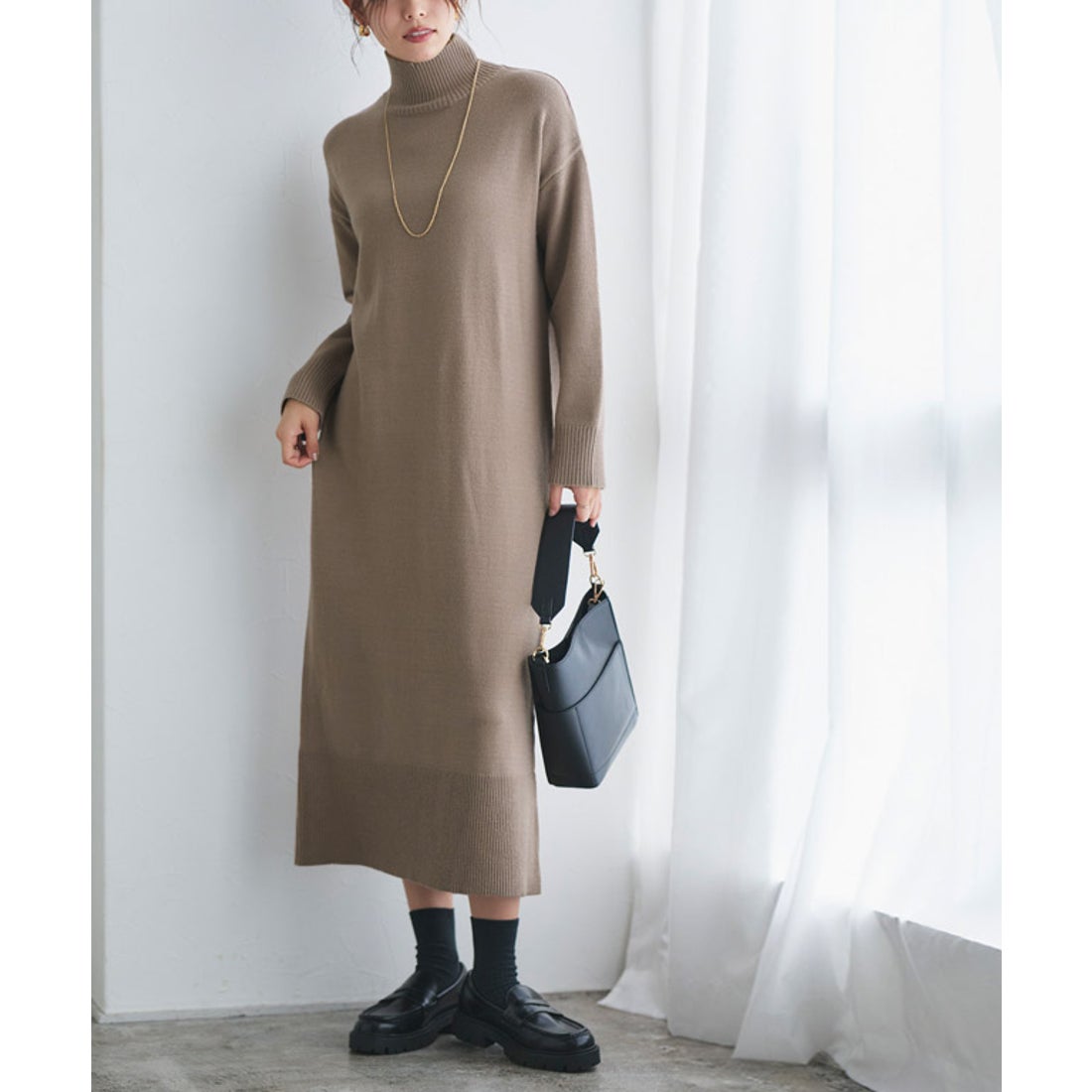 Pierrot 【低身長向け】もっちりカシミヤタッチハイネックロングニット