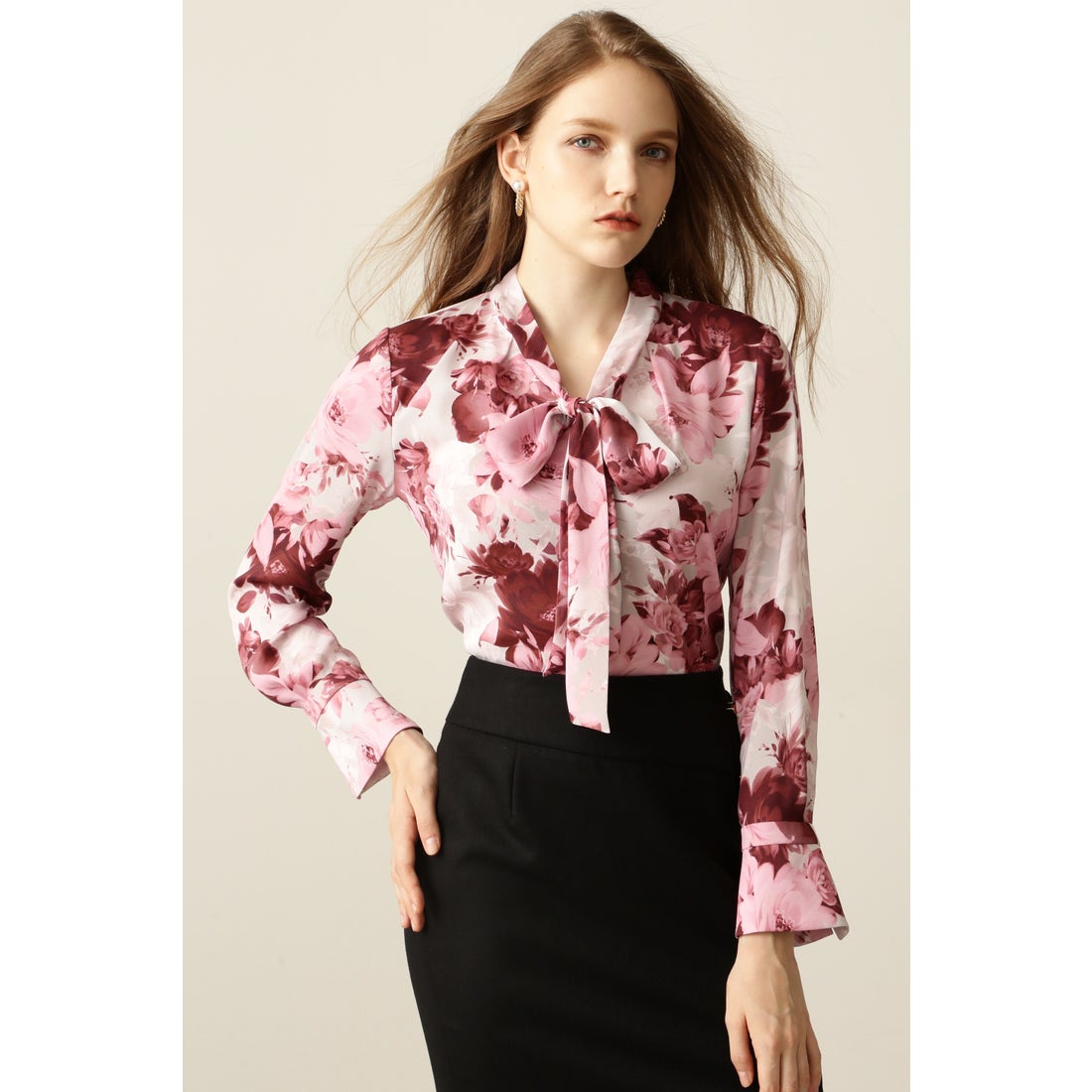 PINKY & DIANNE ◇ピオニープリントボウタイリボンブラウス ピンク1