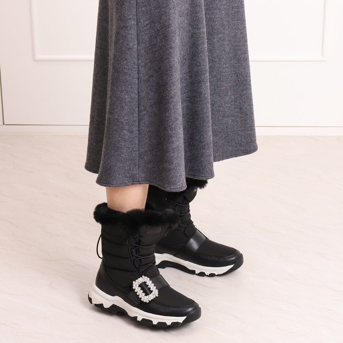 プラスダイアナ ＋diana クリスタルバックル ミドル丈スノーブーツ