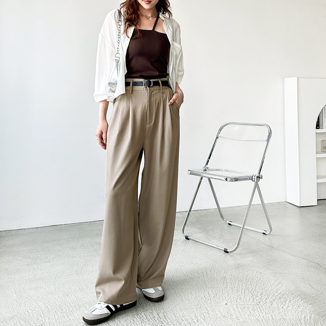 ジーラ GeeRA 着心地抜群！ハイウエストダブルタックワイドパンツ