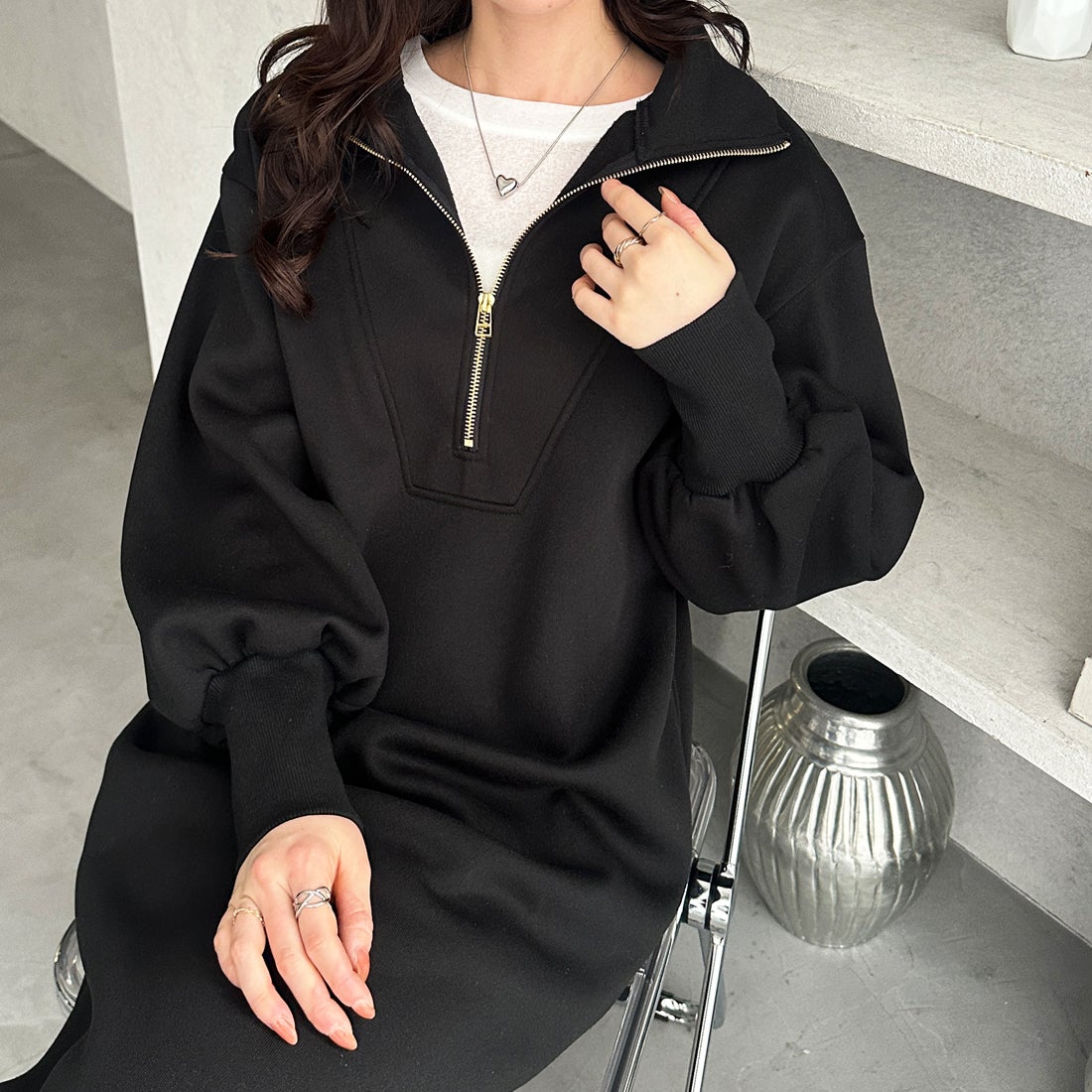 ジーラ GeeRA ハーフジップハイネック裏起毛ワンピース （ブラック