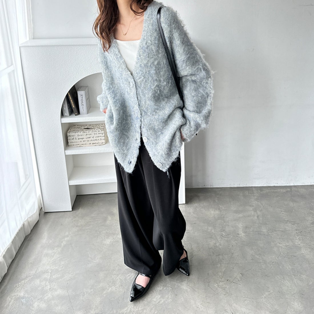 ジーラ GeeRA ブークレミックスシャギーカーディガン （ライトグレー