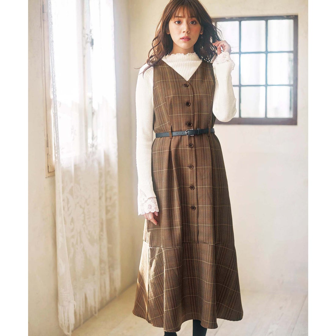 ジーラ GeeRA 裾フレアーロングジャンパースカート （茶系チェック柄