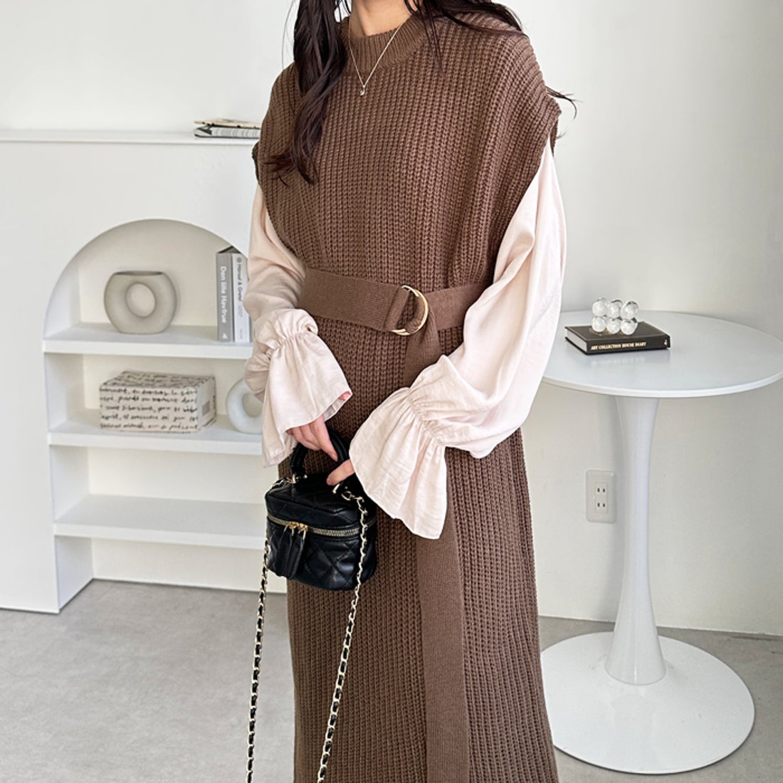 ジーラ GeeRA 袖ブラウスドッキングニットワンピース （モカブラウン