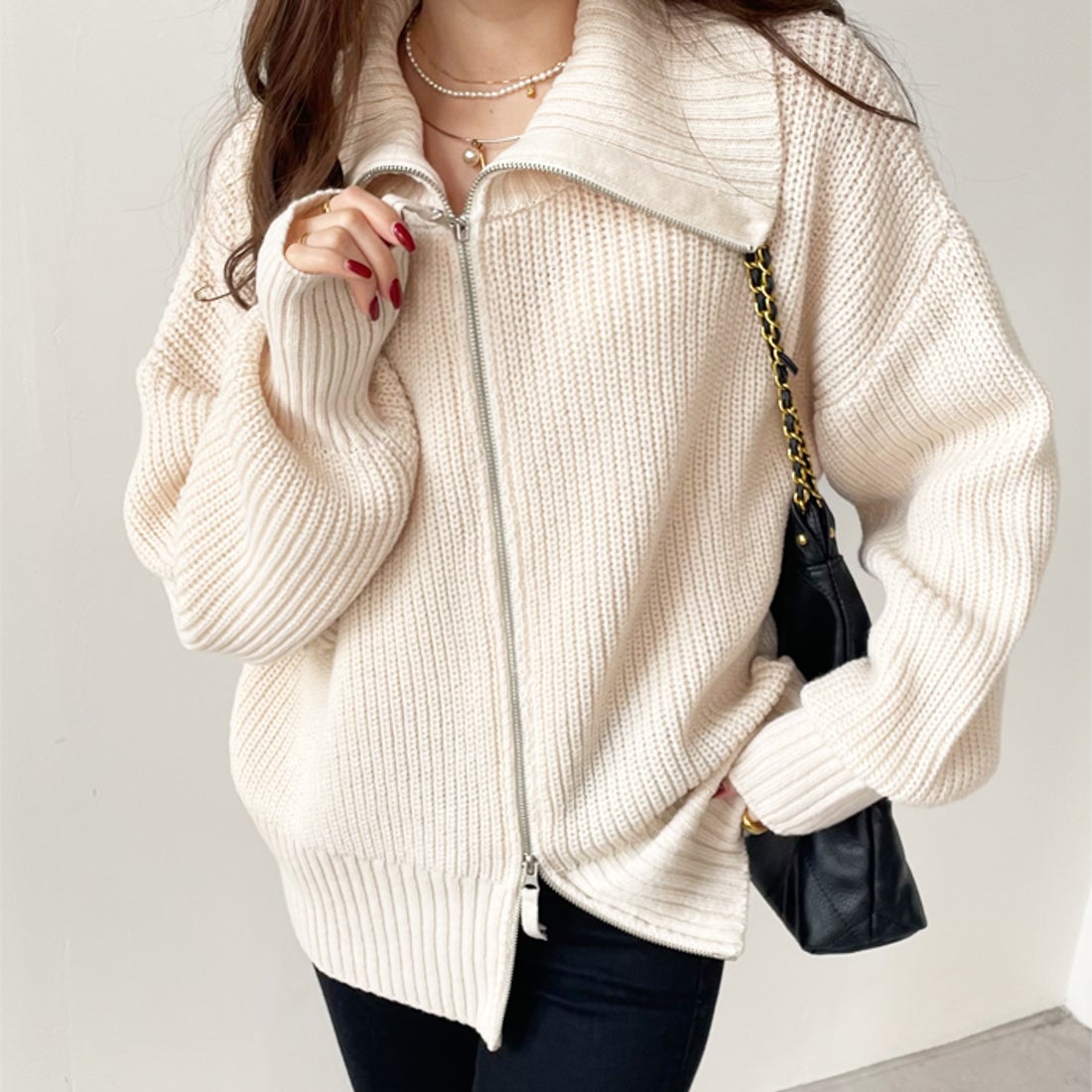 ジーラ GeeRA ダブルジップニットカーディガン （アイボリー