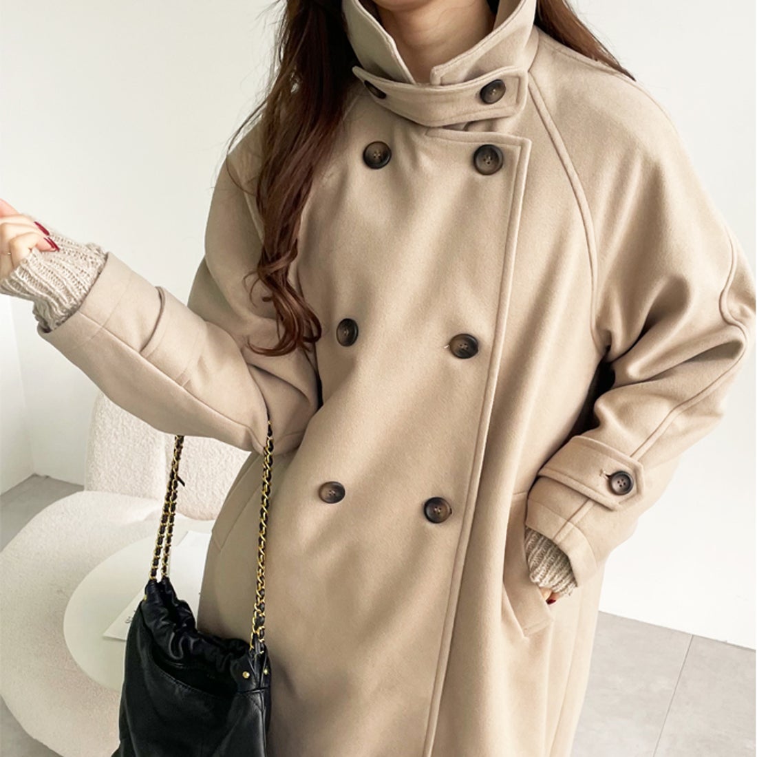 ジーラ GeeRA 2WAYスタンドカラーミドル丈コート （グレージュ