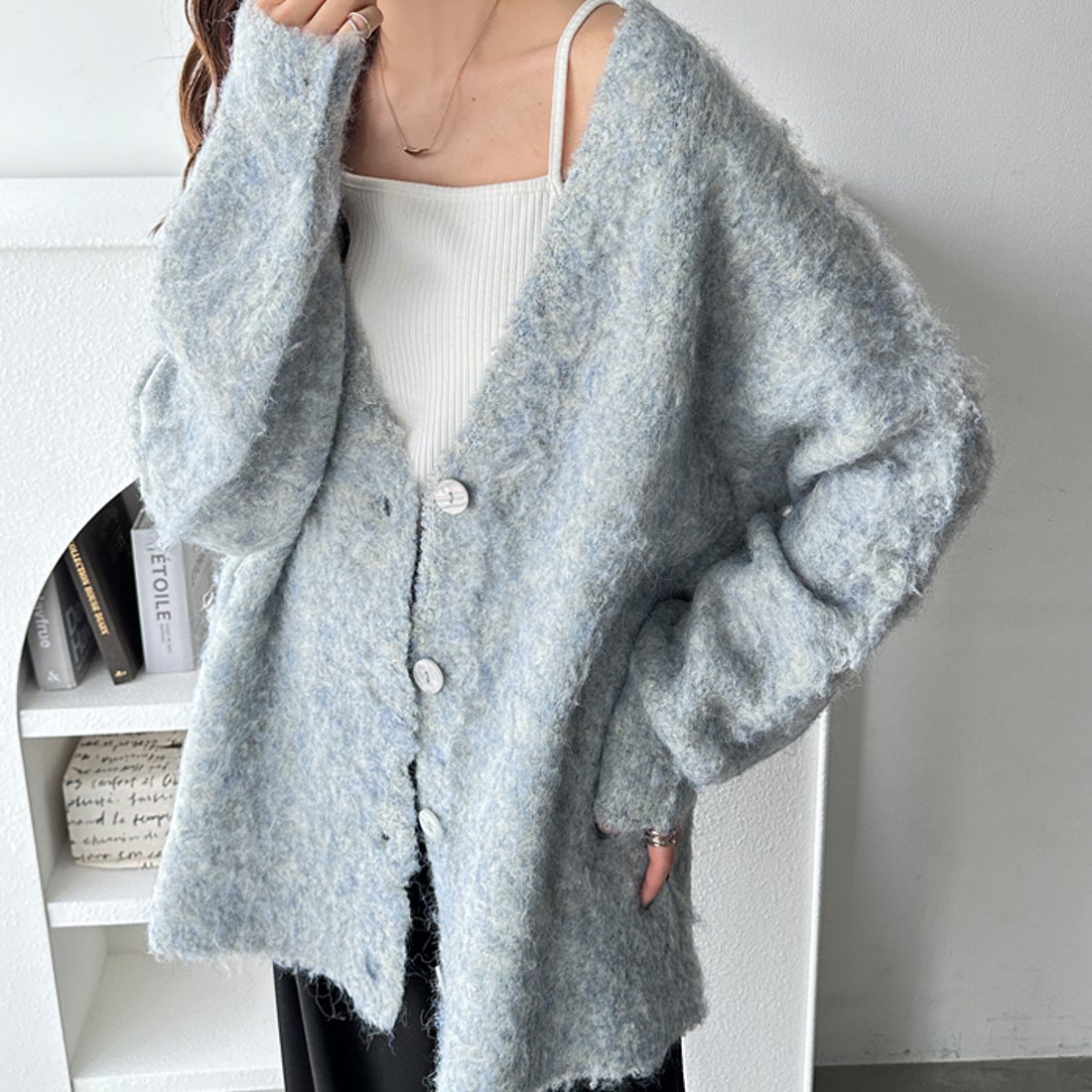 ジーラ GeeRA ブークレミックスシャギーカーディガン （ライトグレー