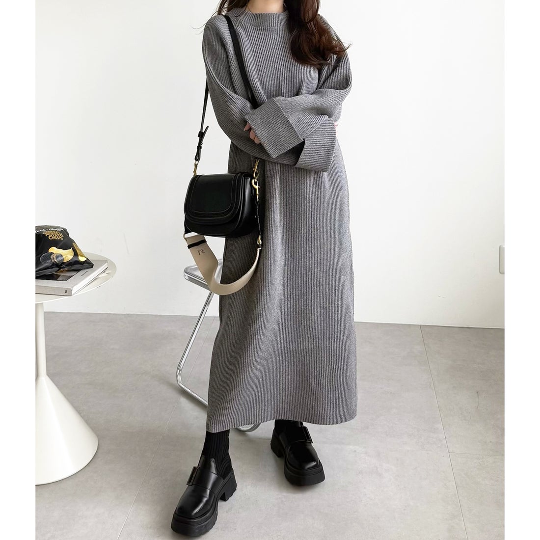 ジーラ GeeRA 前後2WAYハーフジップニットワンピース （グレーミックス