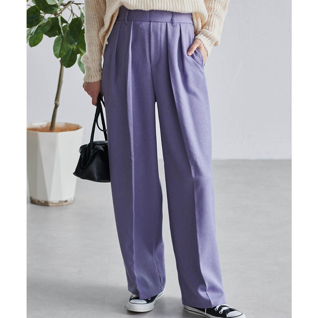 ラナン RANAN ウーリッシュポリ2タックワイドパンツ （パープル68