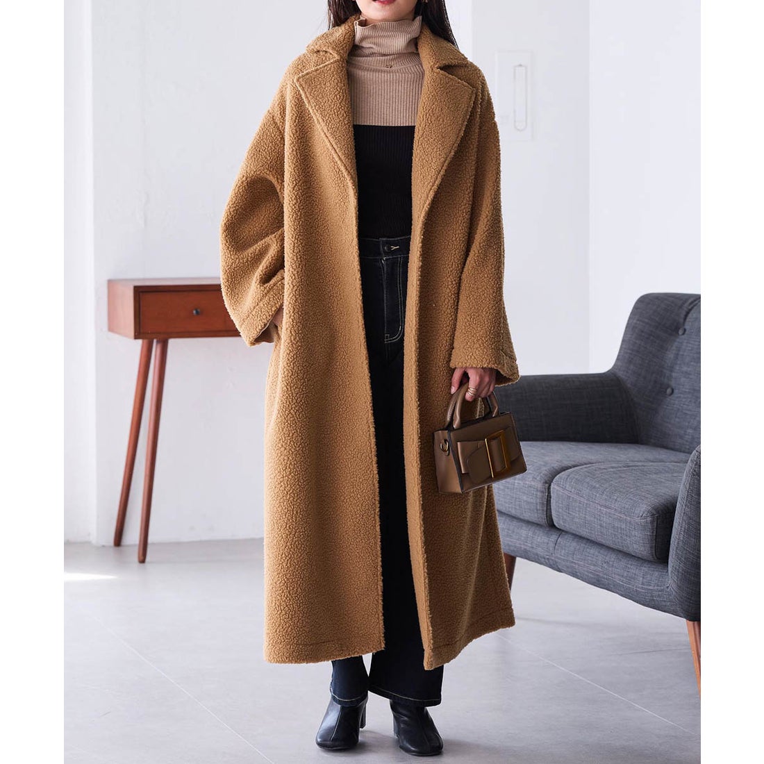 ラナン RANAN ムートンライクボアロングコート （キャメル