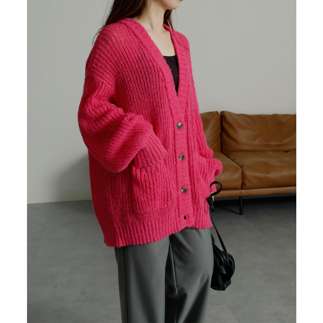 ラナン RANAN モヘアライクボリュームニットカーディガン （ピンク