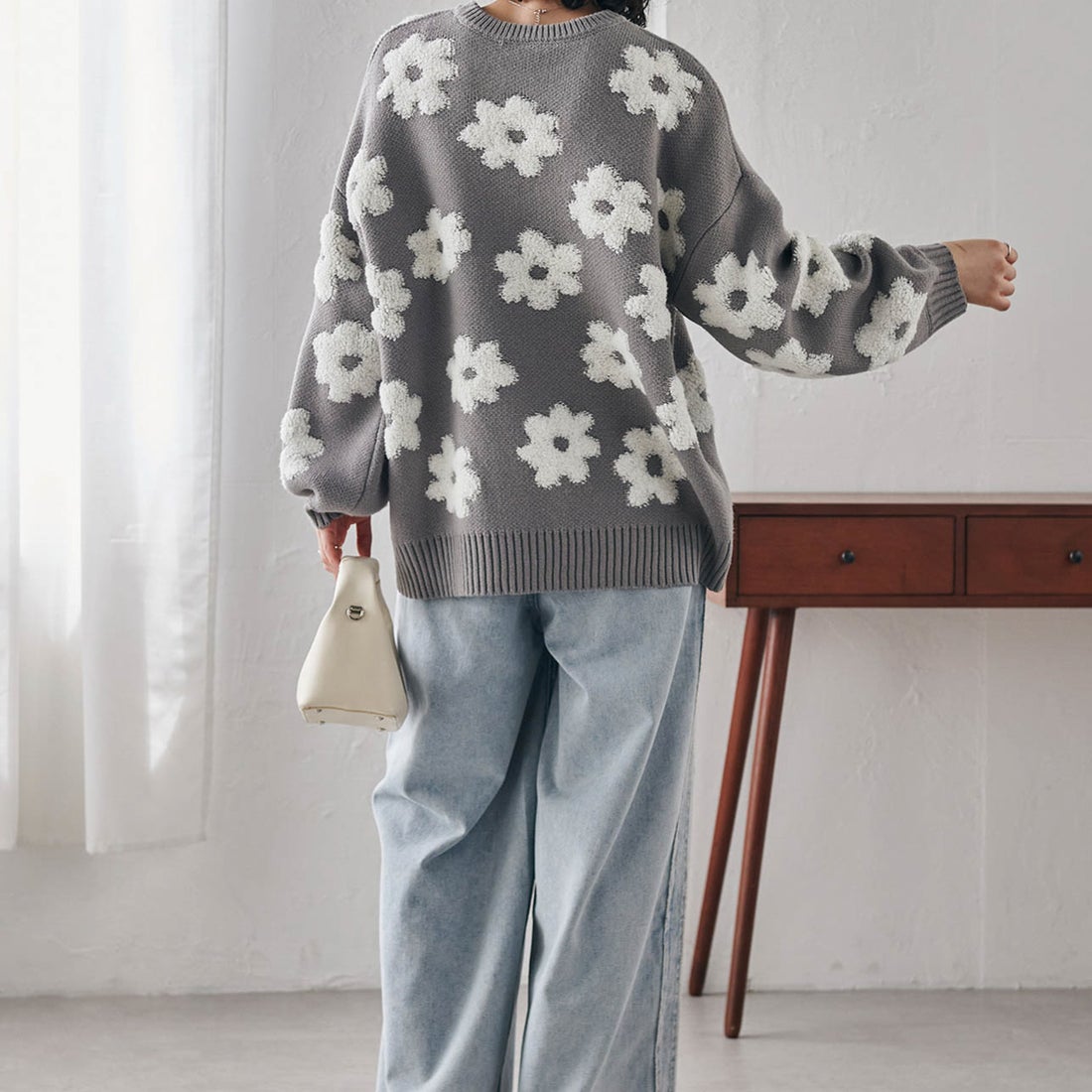 ラナン RANAN 花柄ジャカードニット （グレー） -ファッション通販
