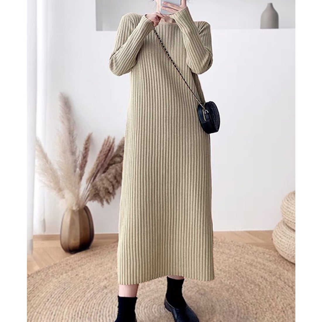 リフ Riff 長袖リブニットワンピース リブ編み ロングワンピース 長袖