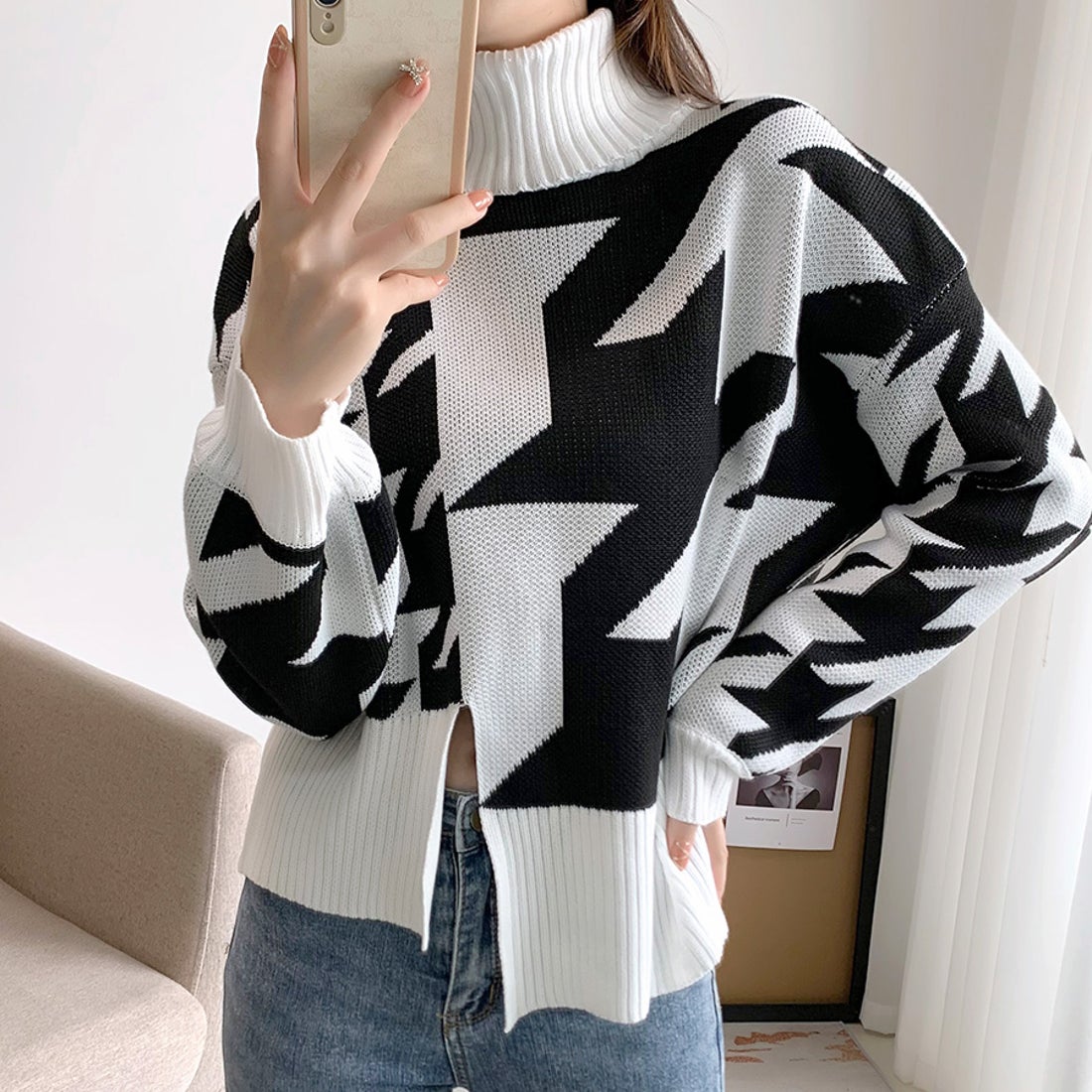 リフ Riff 千鳥柄ニットトップス タートルネック ハイネック スリット