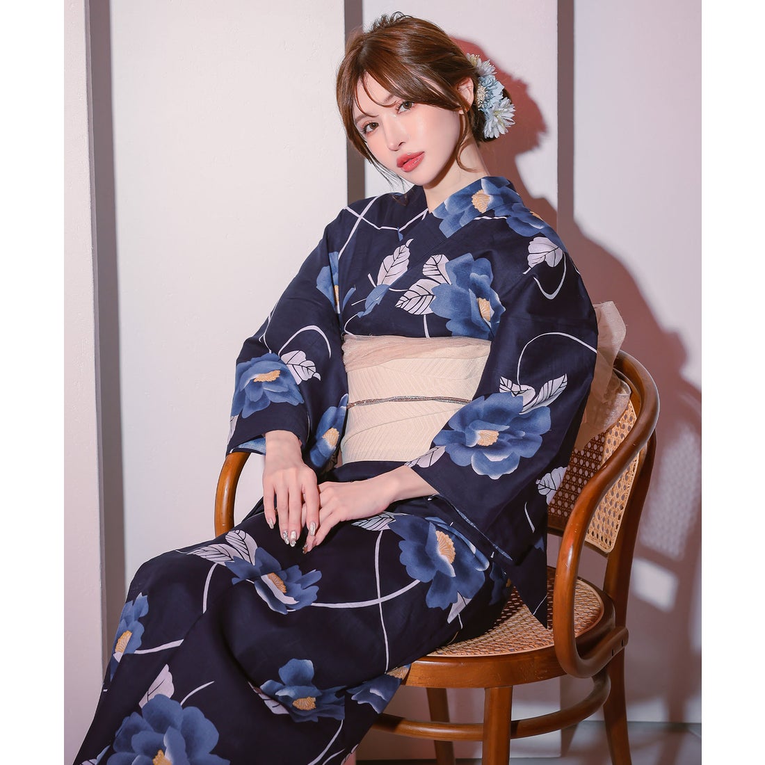 レティカ Retica 浴衣レディース紺地青椿ゆかた2点セット (浴衣+平帯