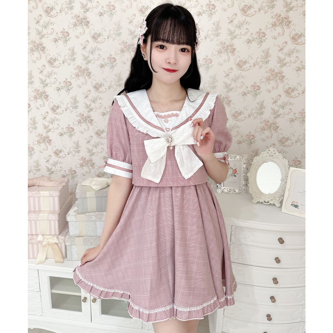 ロジータ ROJITA チェック柄セーラーワンピース （ピンク） -靴