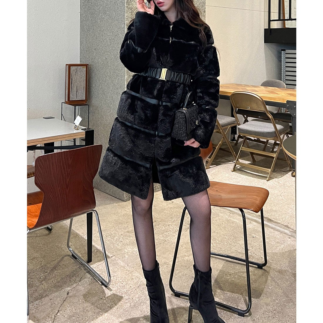 ロイヤルパーティー ROYAL PARTY ベルト付ファーコート （ブラック