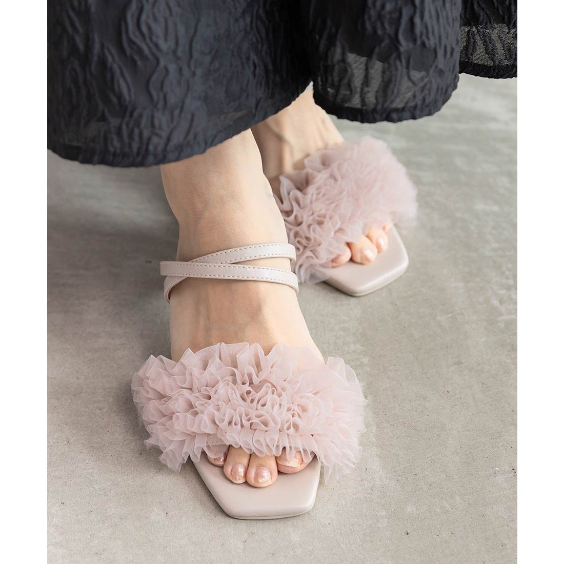 ランダ RANDA チュールフリルクリアヒールサンダル （PINK） -靴