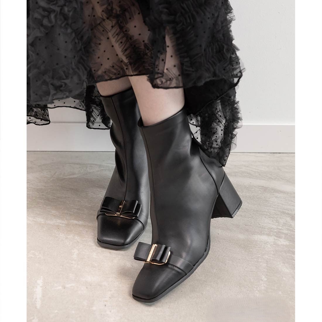 ランダ RANDA ストレッチリボンパーツショートブーツ （BLK/SMT） -靴