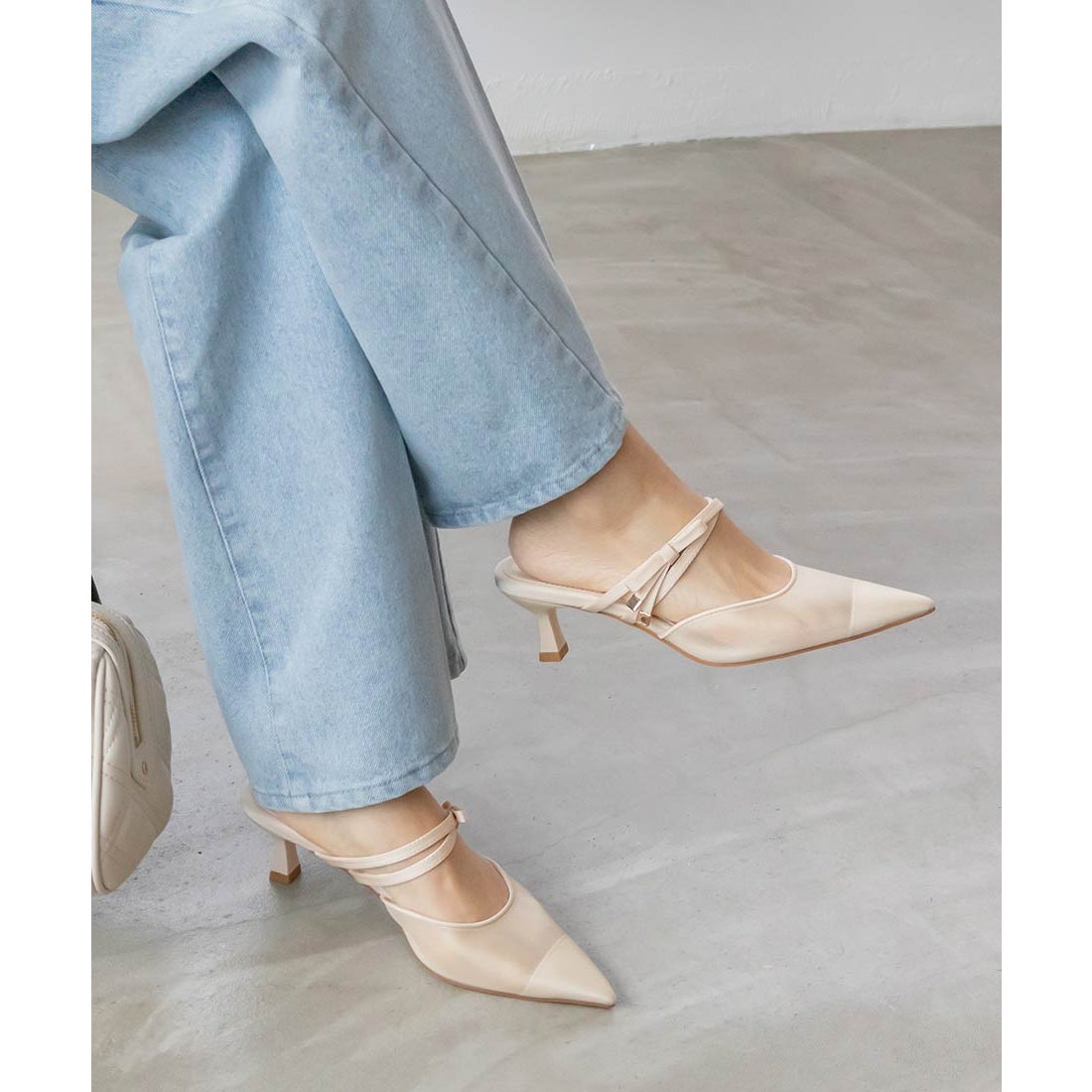 ランダ RANDA シアーリボンミュールパンプス （IVORY） -靴