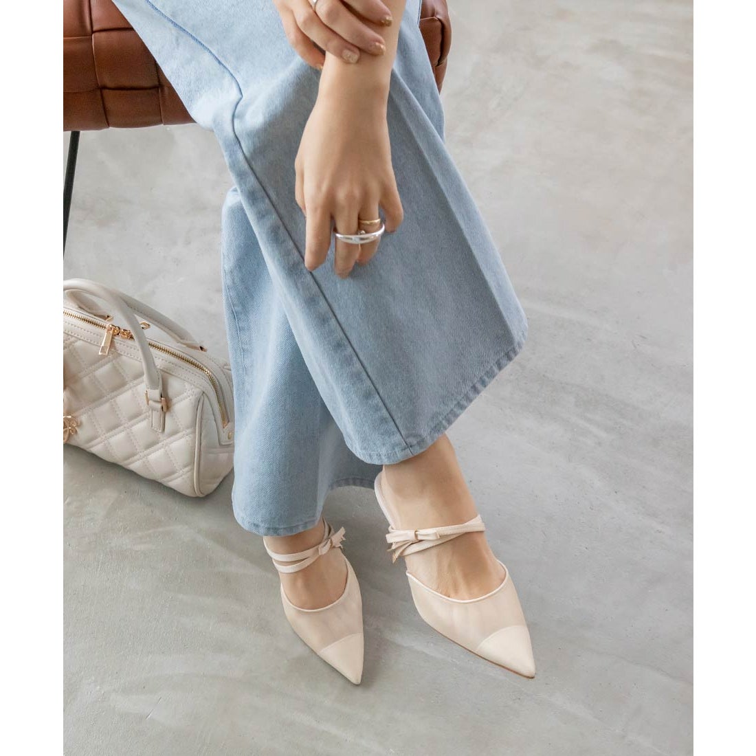 ランダ RANDA シアーリボンミュールパンプス （IVORY） -靴