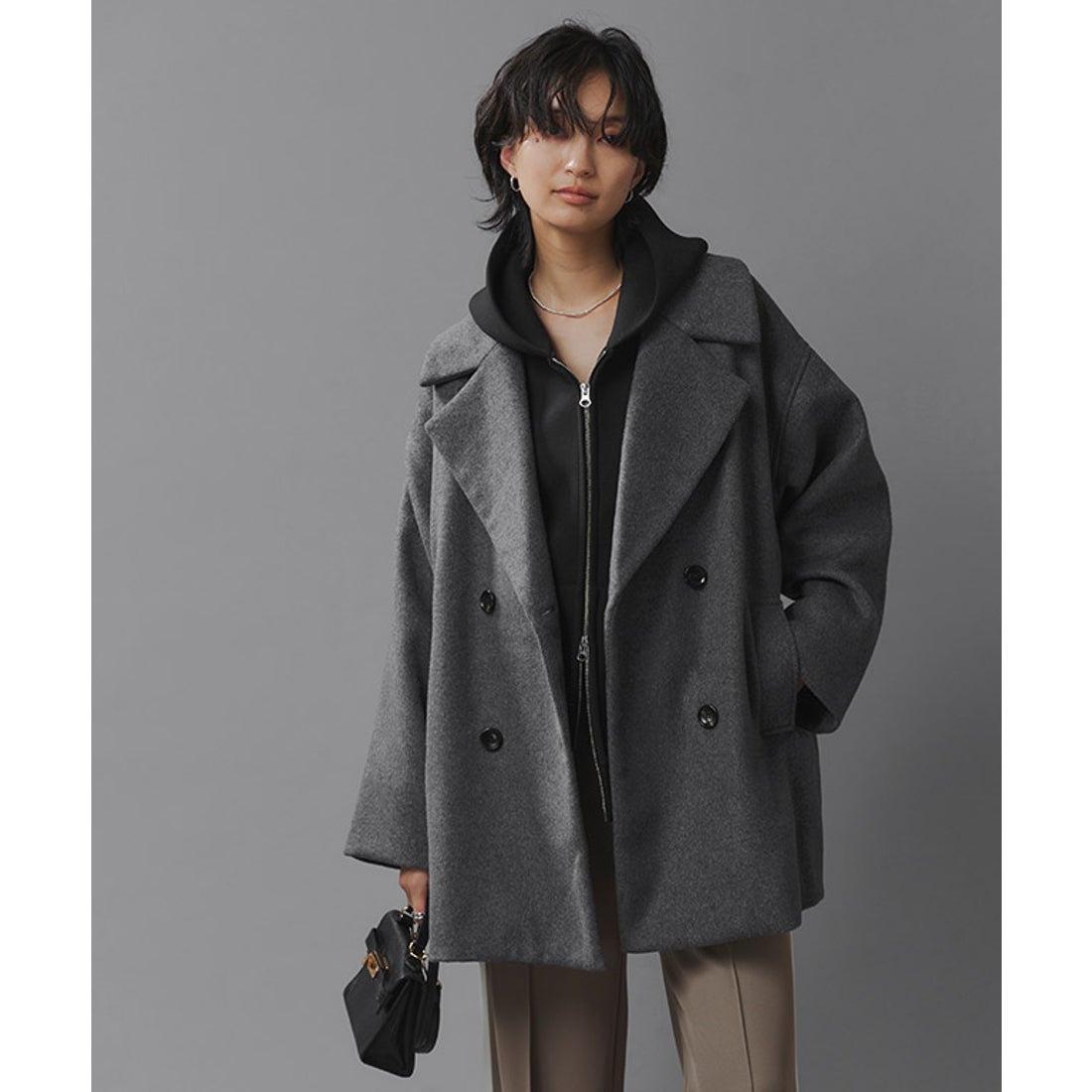 ラス RASW ウールミックスワイドシルエットピーコート （杢グレー