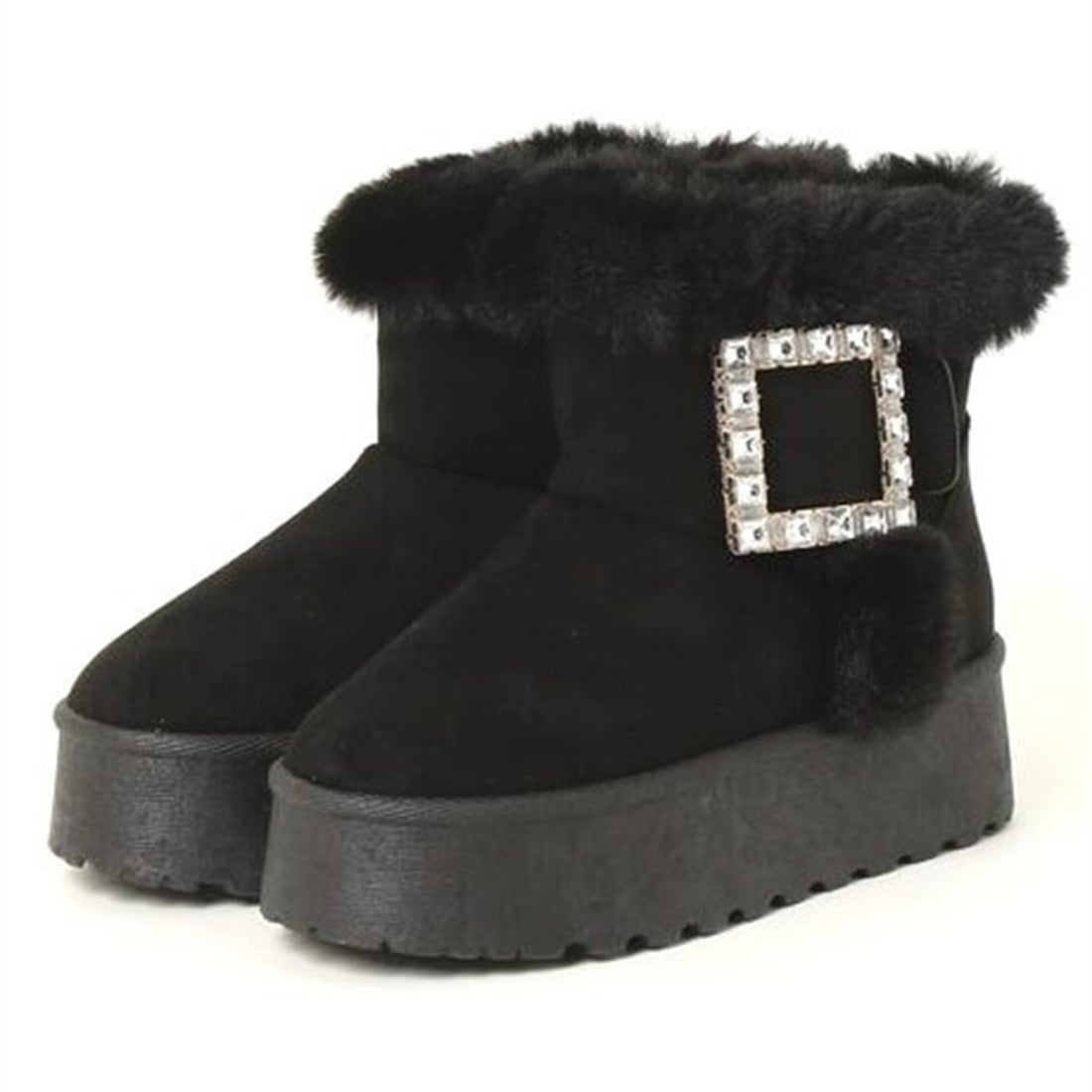 アールアンドイー R&E ビジューバックル厚底ムートン （ブラック） -靴