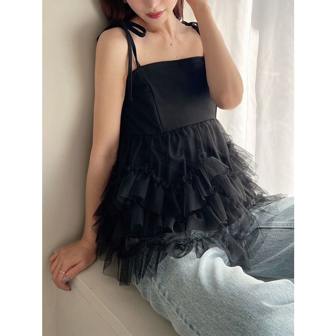 リゼクシー RESEXXY チュールフリルペプラムキャミトップス （ブラック