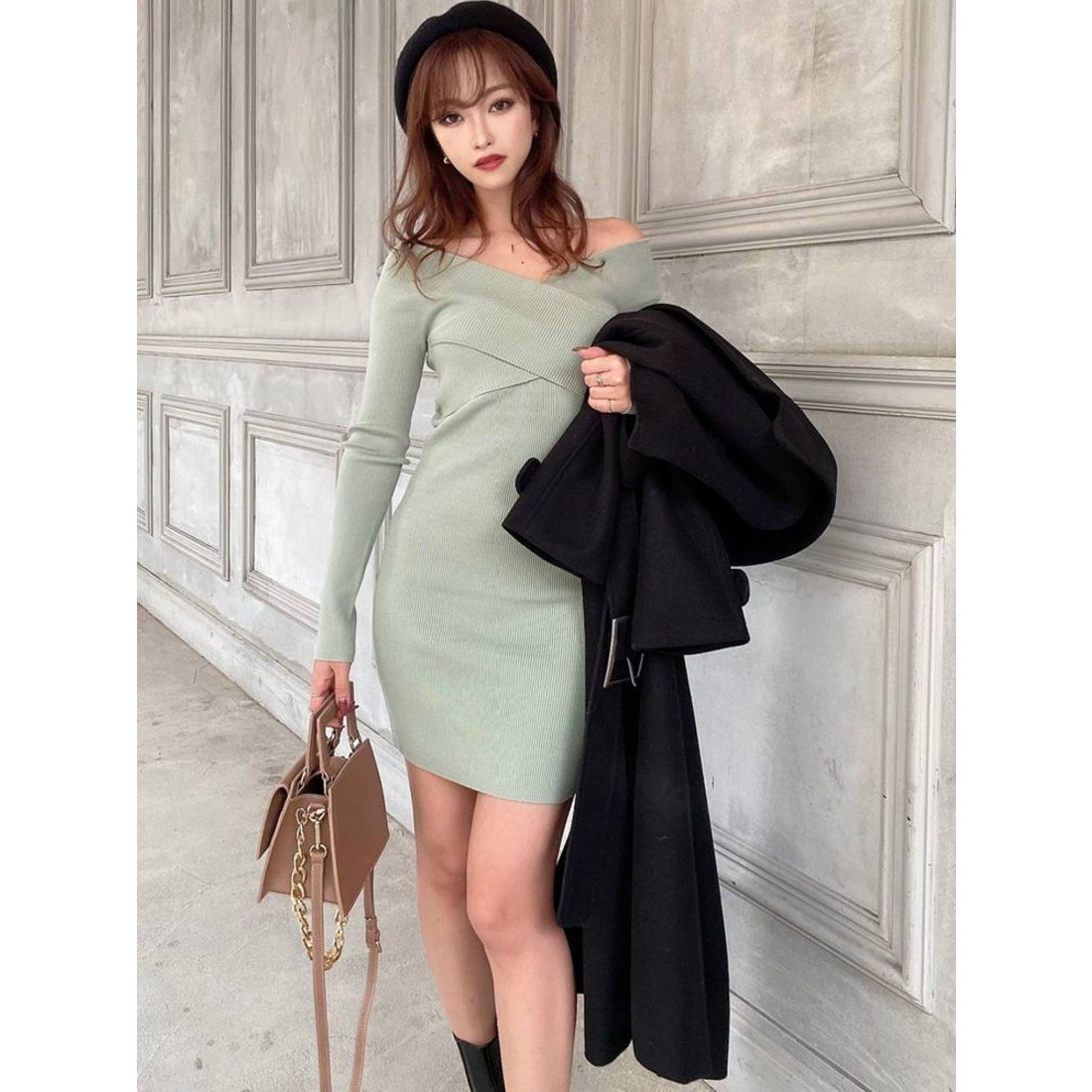 RESEXXY フロントクロス長袖ニットワンピース（ミントグリーン） -靴
