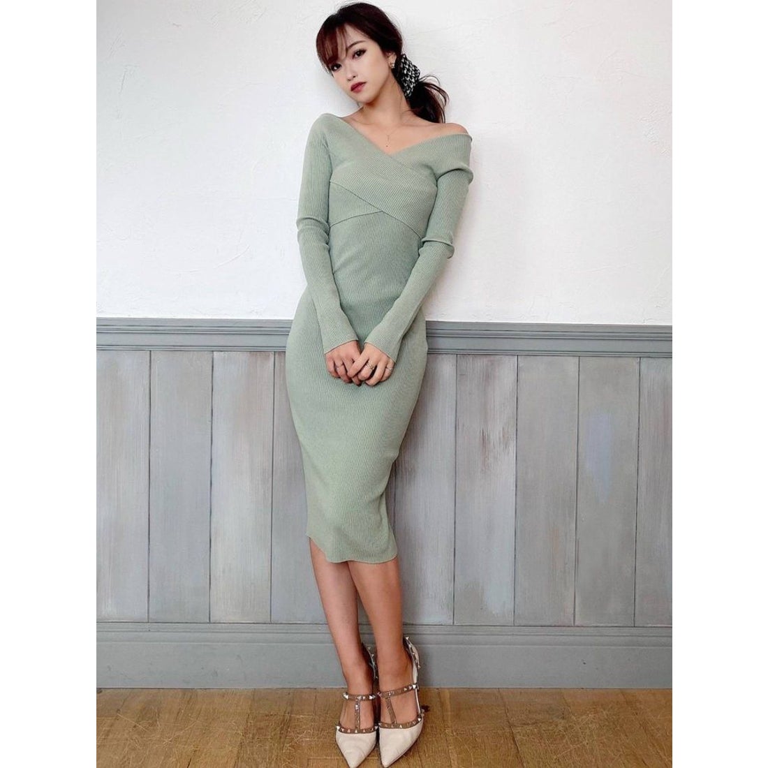 RESEXXY フロントクロス長袖ニットワンピース（ミントグリーン） -靴